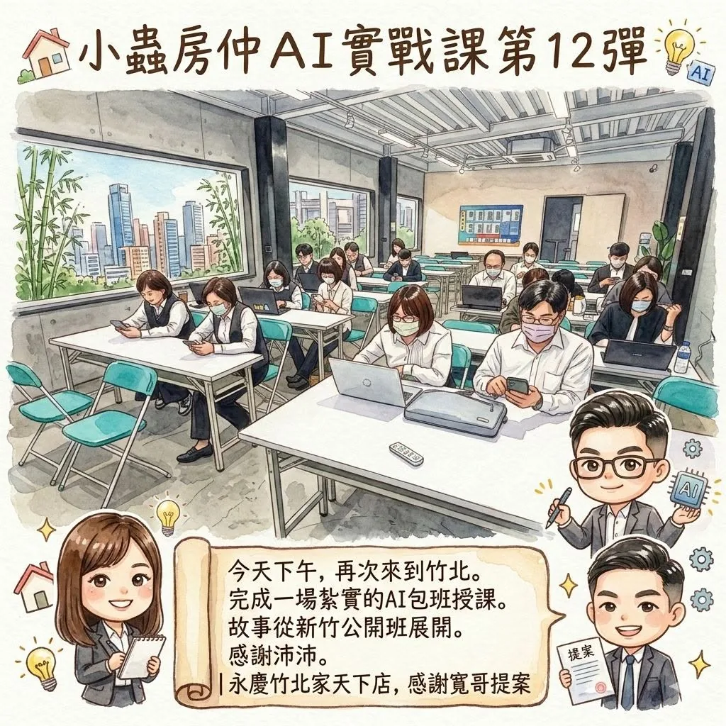 小蟲AI房仲實戰 第 12 彈 永慶房屋竹北家天下店(含鄰近店頭) 上課實況海報,2026/3/2,房仲AI講師 賴小蟲授課
