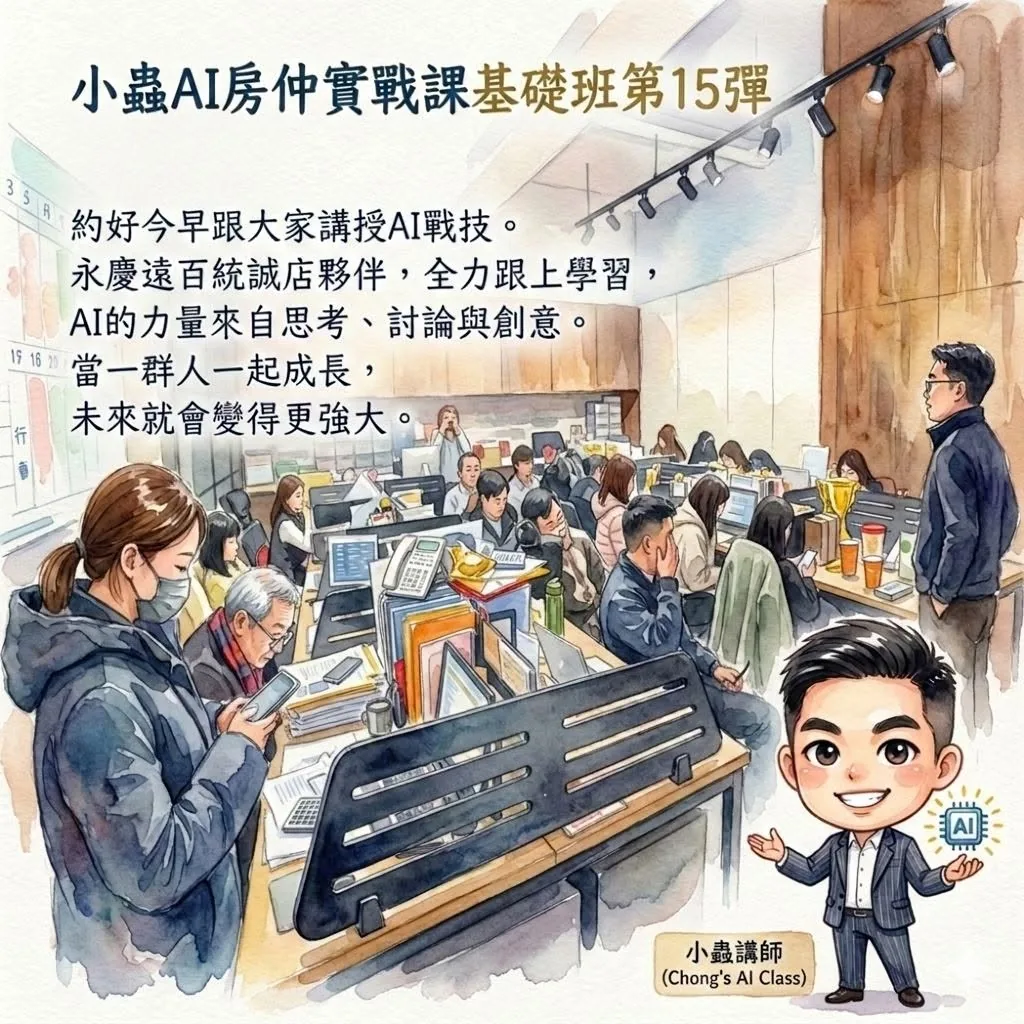 小蟲AI房仲實戰 第 15 彈 永慶房屋竹北遠百統誠店、南寮盛宇店 上課實況海報,2026/3/9,房仲AI講師 賴小蟲授課