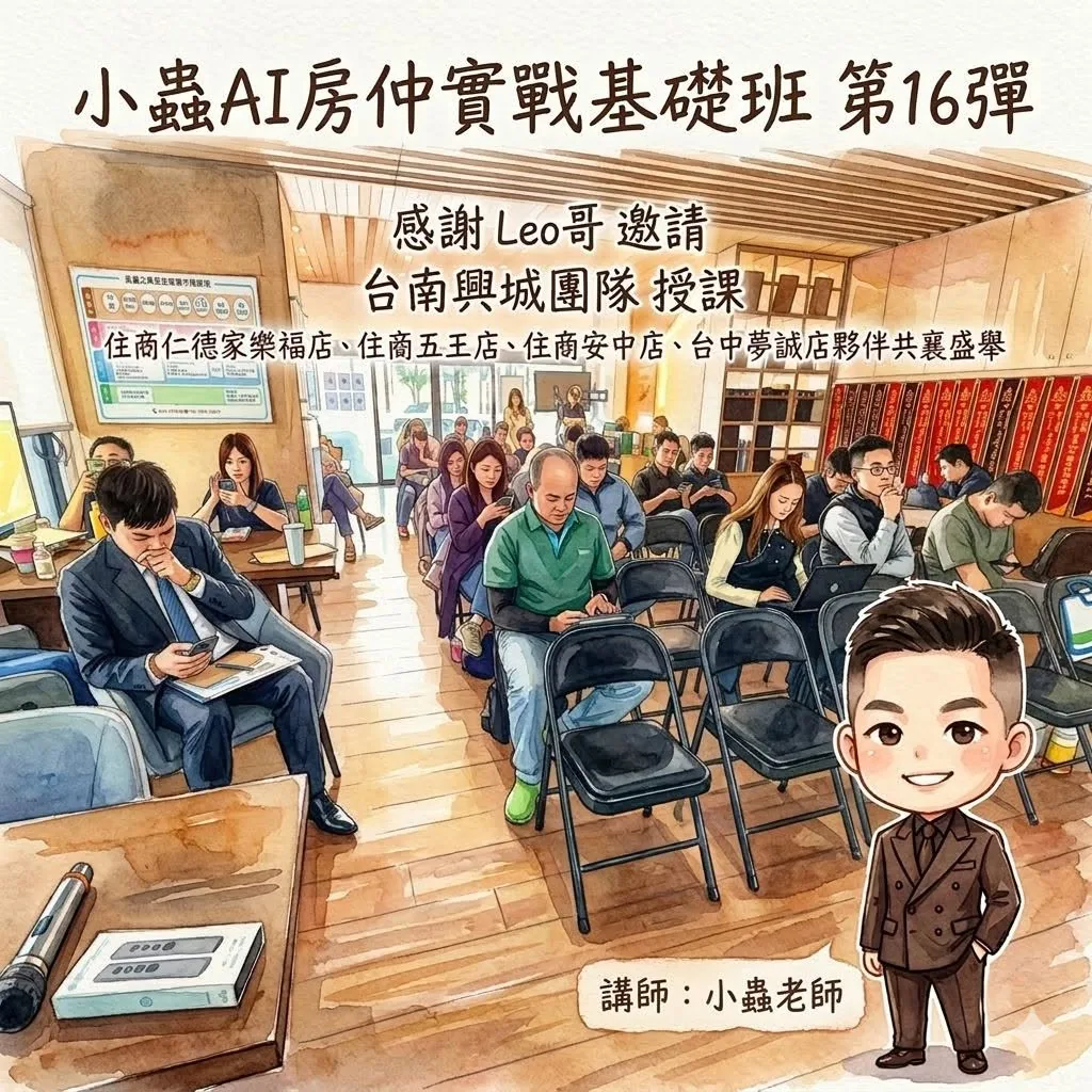 小蟲AI房仲實戰 第 16 彈 台南安南區興城團隊(含同業夥伴) 上課實況海報,2026/3/11,房仲AI講師 賴小蟲授課