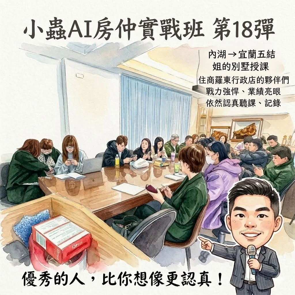 小蟲AI房仲實戰 第 18 彈 宜蘭住商羅東同業(馬家軍) 上課實況海報,2026/3/13,房仲AI講師 賴小蟲授課