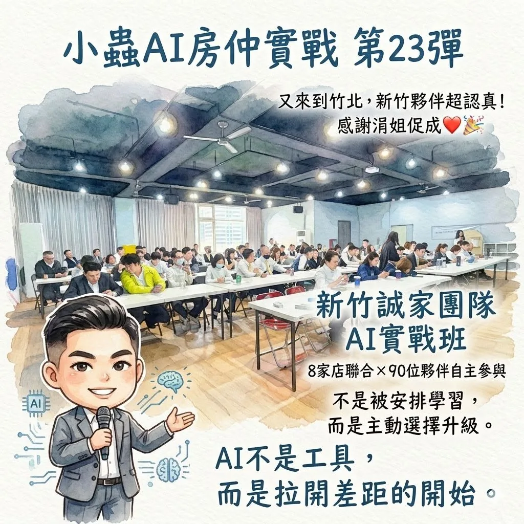 小蟲AI房仲實戰 第 23 彈 永慶房屋新竹誠家團隊(8 家店頭聯合) 上課實況海報,2026/3/26,房仲AI講師 賴小蟲授課