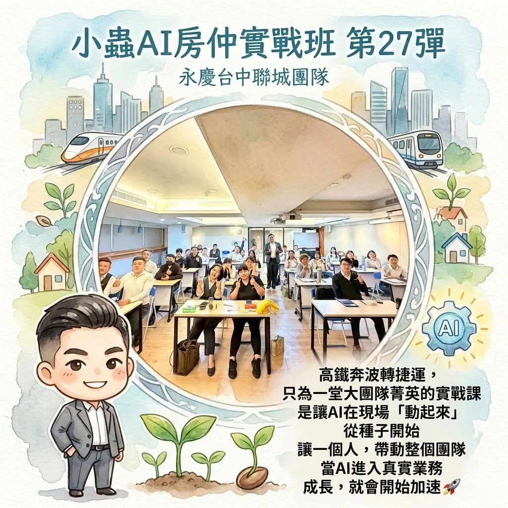 小蟲AI房仲實戰 第 27 彈 永慶房屋台中聯城團隊(北屯) 上課實況海報,2026/4/1,房仲AI講師 賴小蟲授課