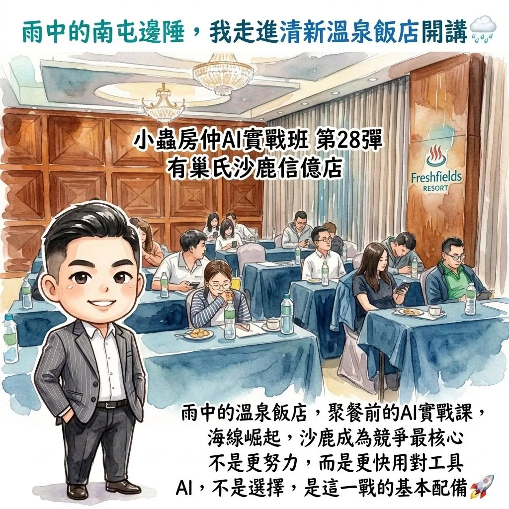 小蟲AI房仲實戰 第 28 彈 有巢氏房屋沙鹿信億店 上課實況海報,2026/4/7,房仲AI講師 賴小蟲授課