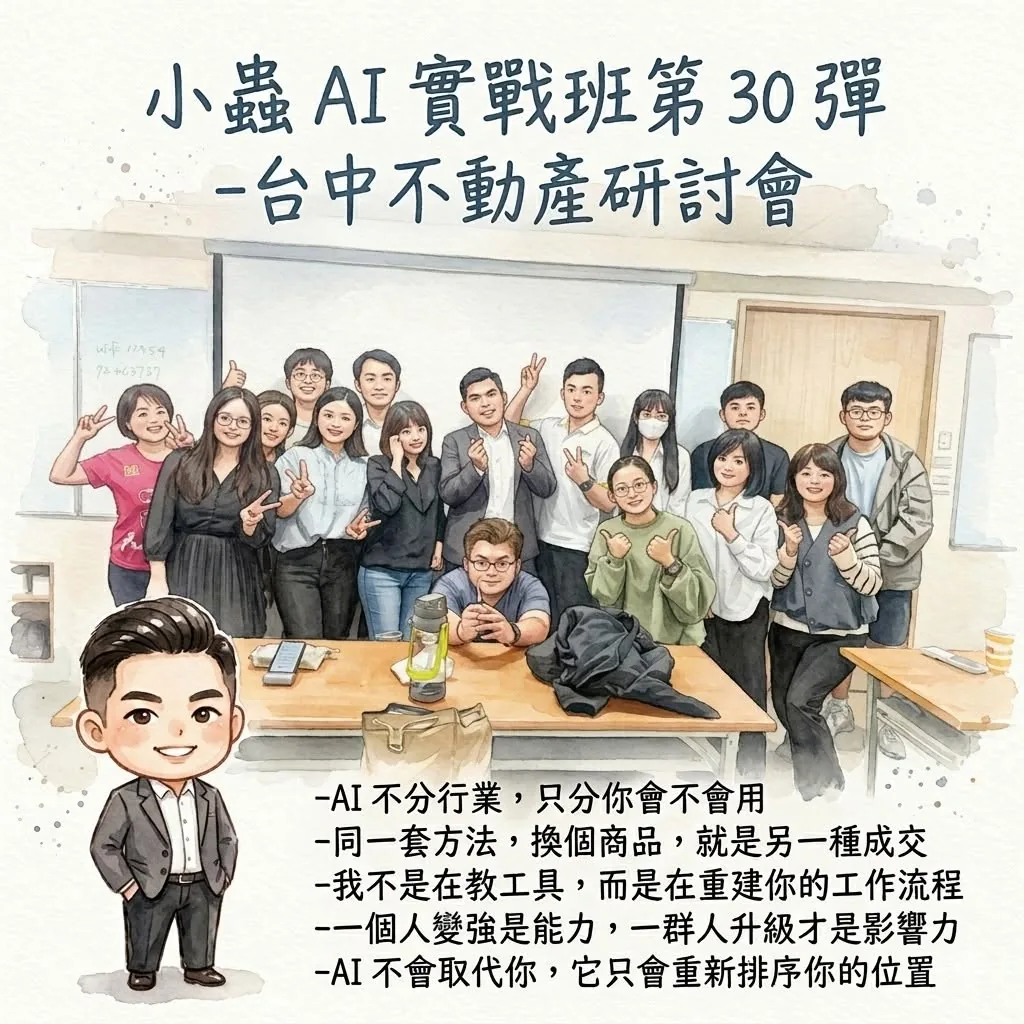 小蟲AI房仲實戰 第 30 彈 台中不動產研討會 上課實況海報,2026/4/8,房仲AI講師 賴小蟲授課