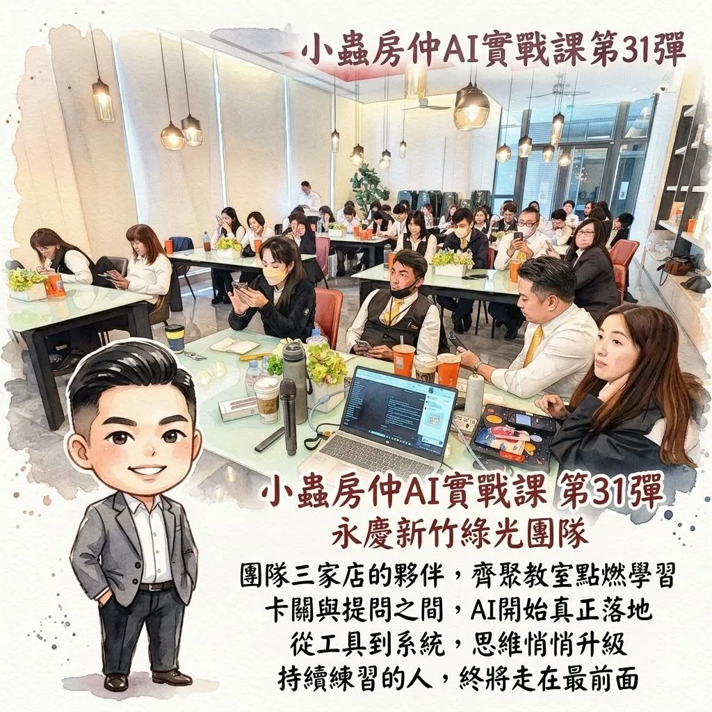 小蟲AI房仲實戰 第 31 彈 永慶房屋新竹綠光團隊(三家店) 上課實況海報,2026/4/9,房仲AI講師 賴小蟲授課