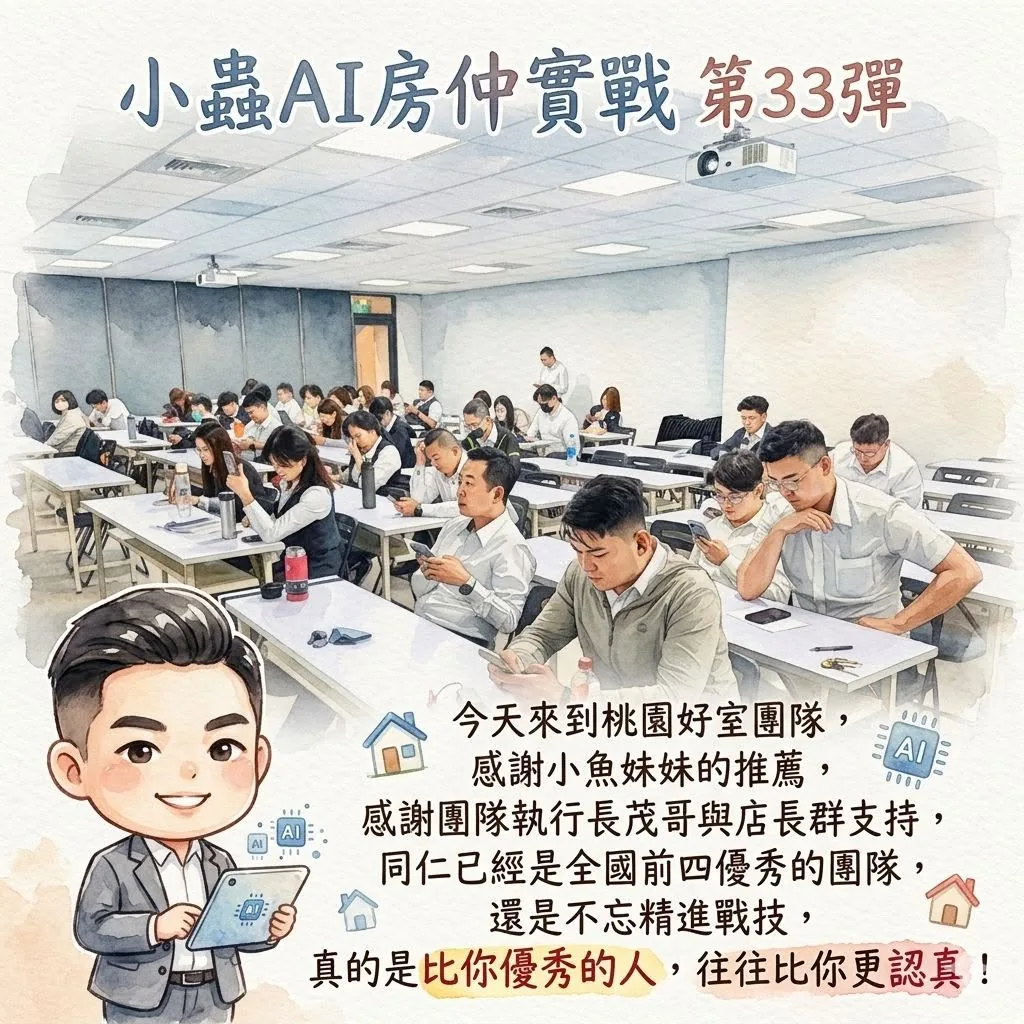 小蟲AI房仲實戰 第 33 彈 永慶房屋桃園好室團隊 上課實況海報,2026/4/17,房仲AI講師 賴小蟲授課