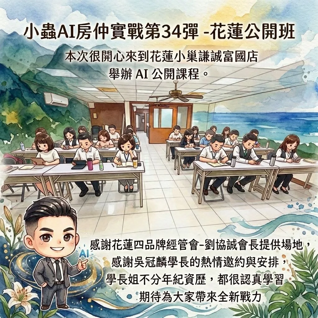 小蟲AI房仲實戰 第 34 彈 花蓮公開班第一期（花蓮小巢謙誠富國店） 上課實況海報，2026/4/28，房仲AI講師 賴小蟲授課