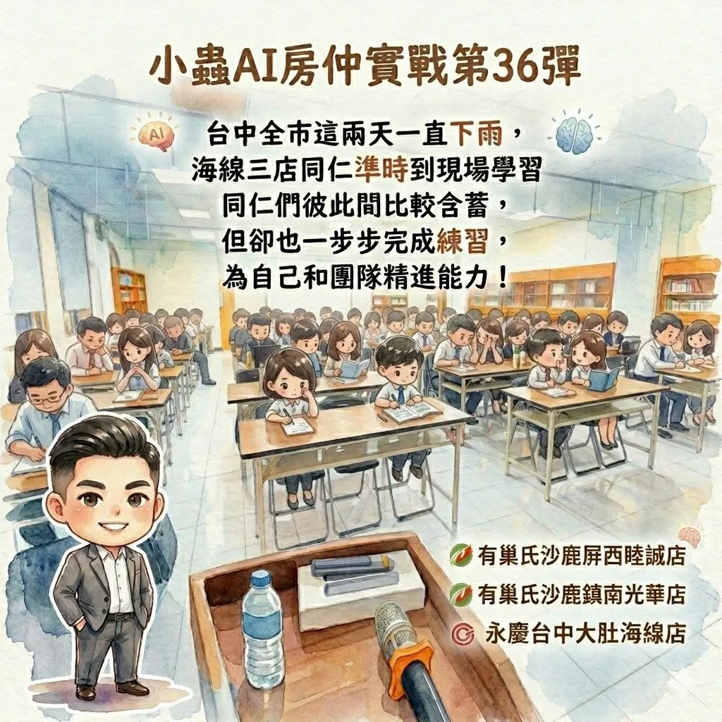 小蟲AI房仲實戰 第 36 彈 有巢氏房屋沙鹿屏西睦誠店、有巢氏房屋沙鹿鎮南光華店、永慶房屋台中大肚海線店 上課實況海報,2026/5/5,房仲AI講師 賴小蟲授課
