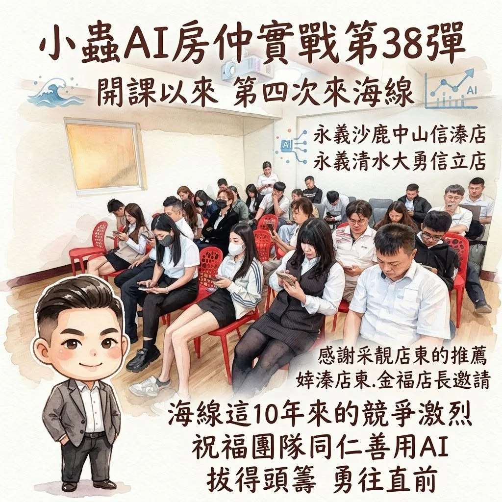 小蟲AI房仲實戰 第 38 彈 永義房屋沙鹿中山信溱店、永義房屋清水大勇信立店(信旺團隊) 上課實況海報,2026/5/11,房仲AI講師 賴小蟲授課
