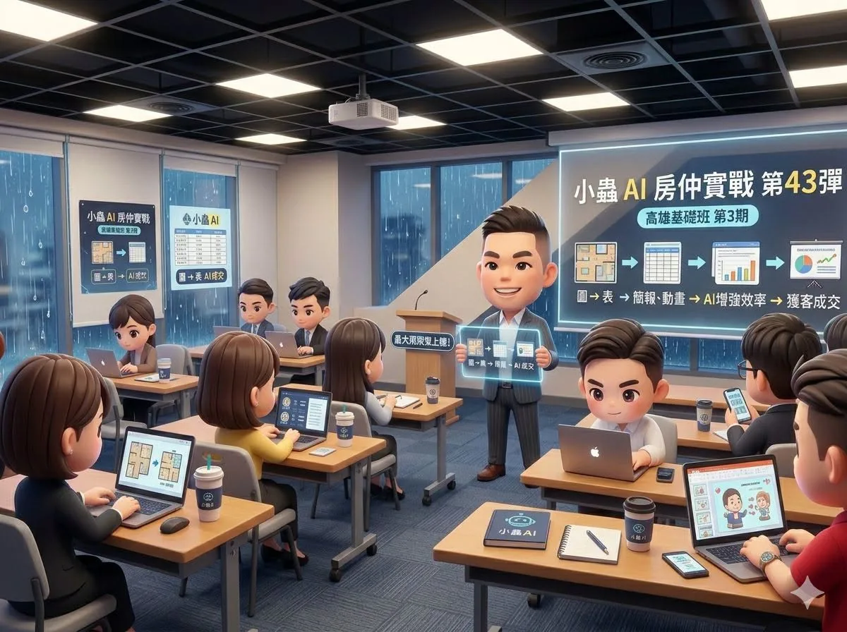 小蟲AI房仲實戰 第 43 彈 高雄班2期 上課實況海報,2026/6/9,房仲AI講師 賴小蟲授課