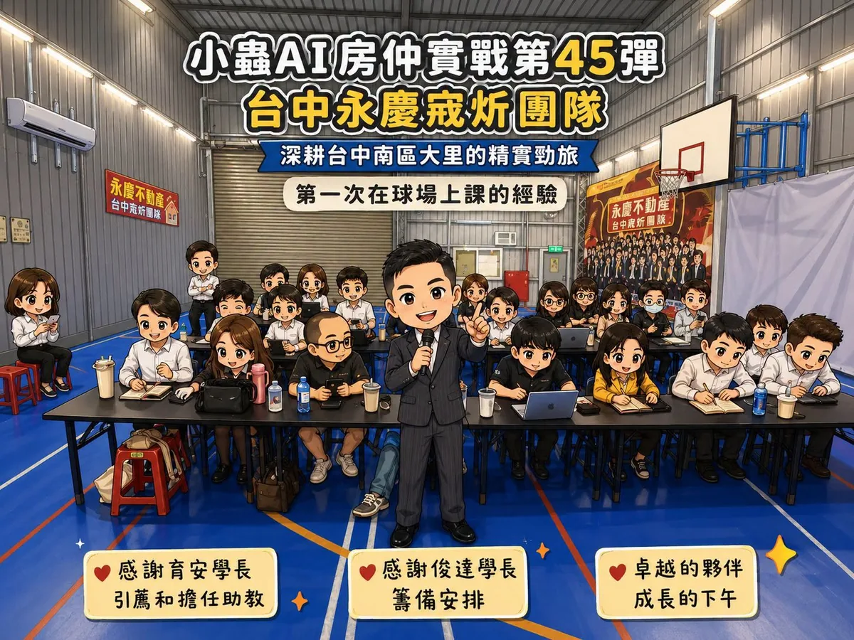 小蟲AI房仲實戰 第 45 彈 永慶房屋台中宬炘團隊 上課實況海報,2026/6/22,房仲AI講師 賴小蟲授課