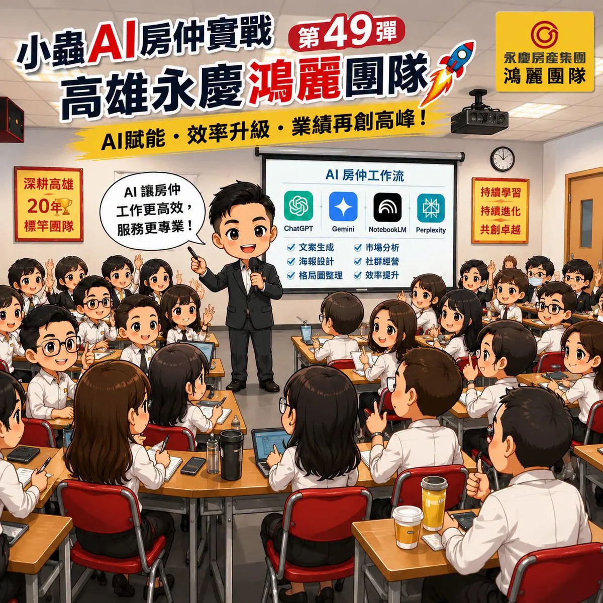 小蟲AI房仲實戰 第 49 彈 永慶房屋高雄鴻麗團隊 上課實況海報,2026/7/15,房仲AI講師 賴小蟲授課