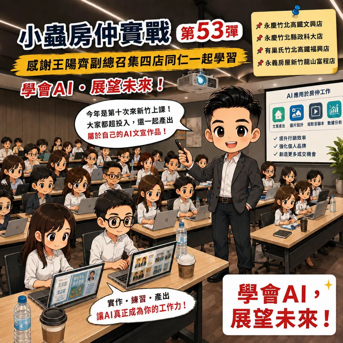 小蟲AI房仲實戰 第 53 彈 永慶房屋竹北高鐵文興店、永慶房屋竹北縣政科大店、有巢氏房屋竹北高鐵福興店、永義房屋新竹龍山富程店 上課實況海報,2026/8/5,房仲AI講師 賴小蟲授課